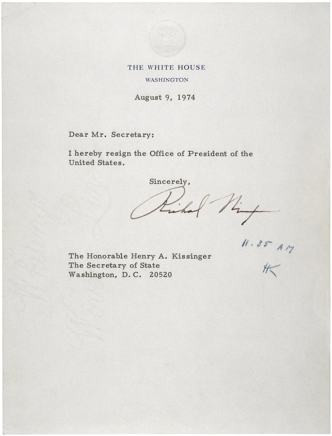 President of the United States Richard M. Nixon's Resignation Letter, 08/09/1974 (August 9th 1974) (ARC Identifier: 302035).
