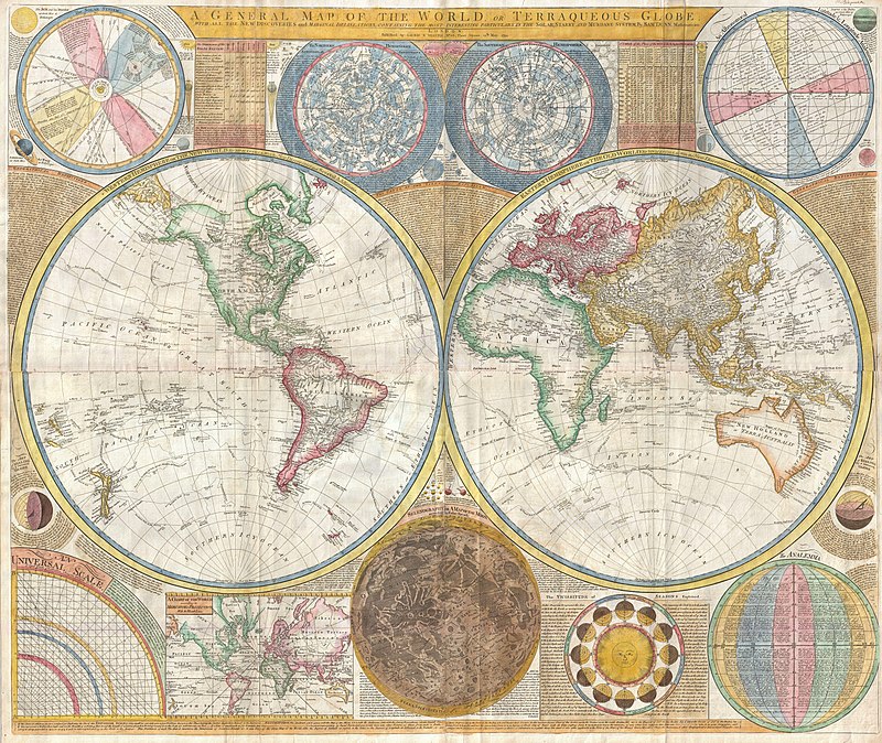 A monumental double hemisphere wall map of the world by Samuel Dunn from 1794. This large, detailed map covers the entire world in a double hemisphere projection.