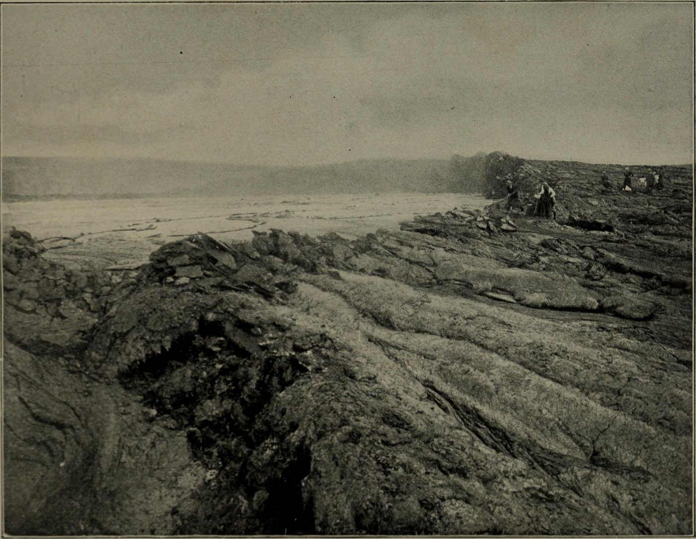 Identifier: paradiseofpacifi00brow (find matches)
Title: The paradise of the Pacific: the Hawaiian Islands (electronic resource)
Year: 1900 (1900s)
Authors:  Browne, George Waldo, 1851-1930
Subjects: 
Publisher:  Boston, D. Estes &amp; Co
Contributing Library:  Brigham Young University Hawaii, Joseph F. Smith Library
Digitizing Sponsor:  Consortium of Church Libraries and Archives

View Book Page: Book Viewer
About This Book: Catalog Entry
View All Images: All Images From Book
Click here to view book online to see this illustration in context in a browseable online version of this book.

Text Appearing Before Image:
eformed rock has been clothed in atropical verdure. For an active example of the work of thismighty island builder we have only to turn tothat lateral orifice of Mauna Loa, Kilauea. Withthe exceptions of the brief intervals when anoverflow or breaking out was taking place onthe main mountain, this crater has kept up acontinual exhibition of its internal forces. For aperiod antedating the known history of the islandsthis volcano has been building within, laying itsfoundations deep down in the sea, thickening andstrengthening its walls, until to-day this Houseof Fire, Halemaumau, holds within its compassthe greatest evidence of volcanic energy in theworld. Before that it was different. Barrier afterbarrier must have been broken down, and delugeafter deluge of the fiery floods flung out upon thesurroundings, until the walls had been lifted fourthousand feet above the sea, its present height.Now, when the interior has again been filled withits molten mass, and the surging waves and break-
Text Appearing After Image:
THE ISLAND BUILDER. 227 ers of the burning lake dash over the rim ofthe cone^ or become strong enough to break downits wall^ again will the surrounding country beoverlaid with lava deposits^ each layer adding somuch to the present height of the mighty shell.That this stage is surely coming is foretold bythe gradual rise of the successive exhibits of the rock-consuming forces. The only overflow of Kilauea, so far as isknown^ took place in 1789, while the army ofKeoua was on its march from Hilo to meet Kame-hameha at Kau in a decisive battle for the su-premacy of the island. The course taken by thisbody of warriors led near to the crater, which hadbeen silent longer than any of their priests knew,and as they drew near by night the darkness wassuddenly illumed with dazzling sheets of flame,and such a storm of cinders and rocks fell aboutthe natives that they fled for their lives. Ralliedby their chief in the valley below, for two daysthey were witnesses of a scene which carried ter-ror t

Note About Images

Please note that these images are extracted from scanned page images that may have been digitally enhanced for readability - coloration and appearance of these illustrations may not perfectly resemble the original work.