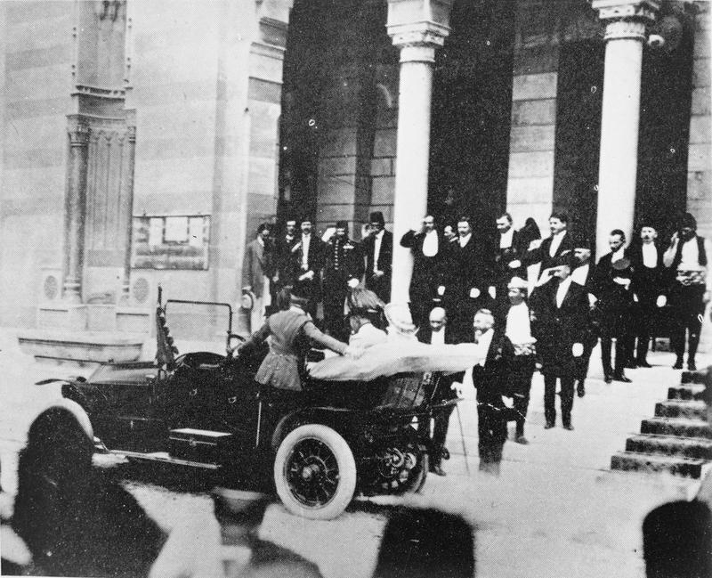 Archduke Franz Ferdinand in Sarajevo, June 1914
Heir to the Austro-Hungarian throne Archduke Franz Ferdinand and his wife, Sophie, get into a motor car to depart from the City Hall, Sarajevo, shortly before they were assassinated by the Serbian nationalist Gavrilo Princip on 28 June 1914.